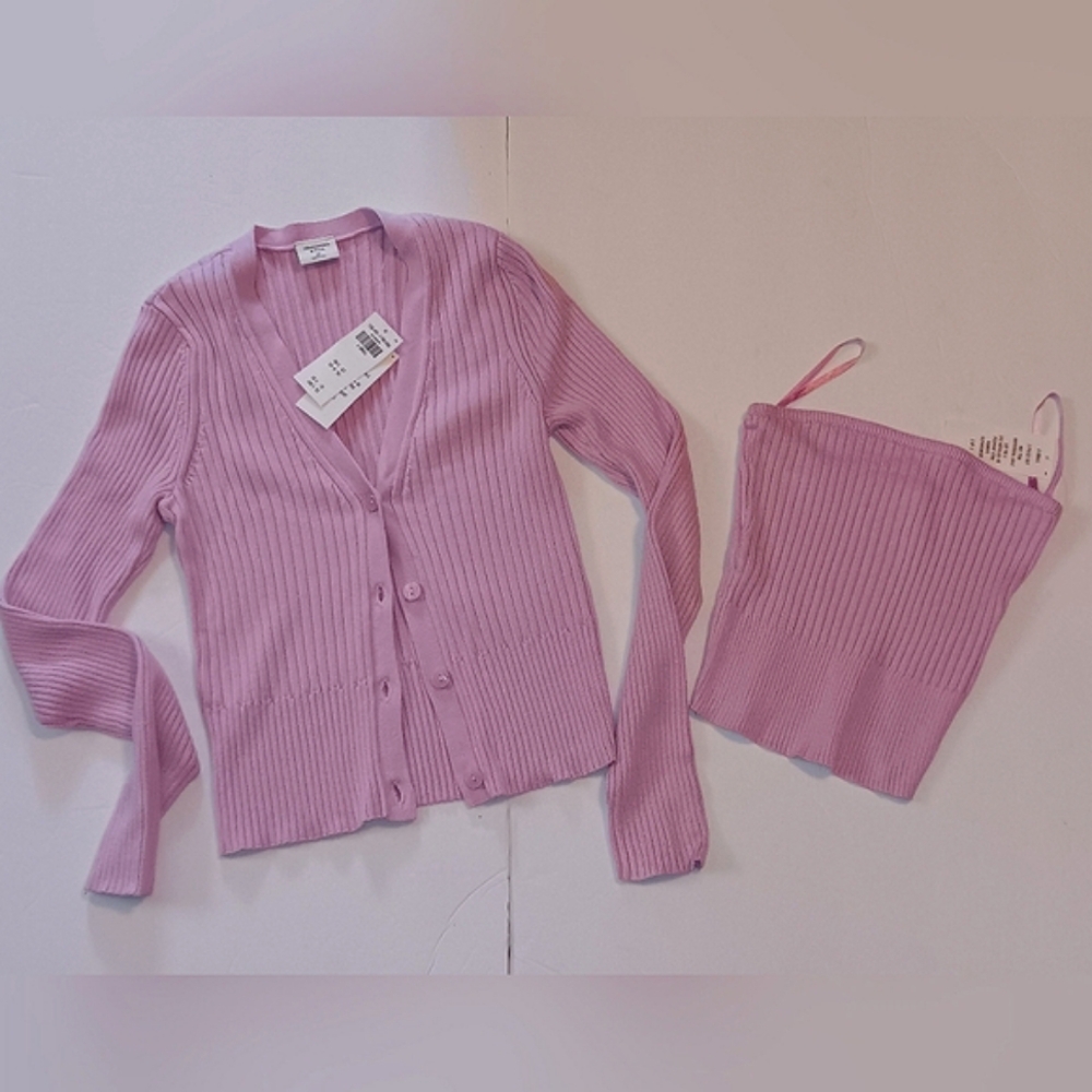 Abercrombie & Fitch Pink Ribbed Cardigan and Cropped Tube Top Set XS NEW